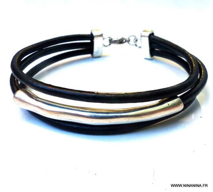 N5031 Bracelet homme cordon cuir 3 rangs demi lune zamak - Bijoux Bracelets en ligne ninanina