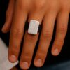 N5034 Bague Homme Artisanale en cuir véritable noir Et Motif rectangle en plaqué argent - Bijoux Bagues en cuir hommes en ligne Ninanina