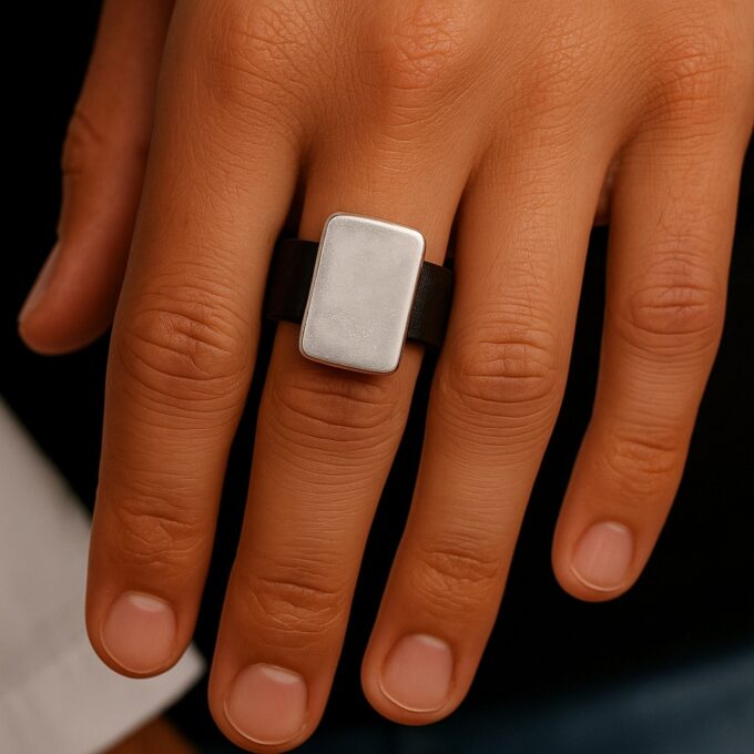 N5034 Bague Homme Artisanale en cuir véritable noir Et Motif rectangle en plaqué argent - Bijoux Bagues en cuir hommes en ligne Ninanina