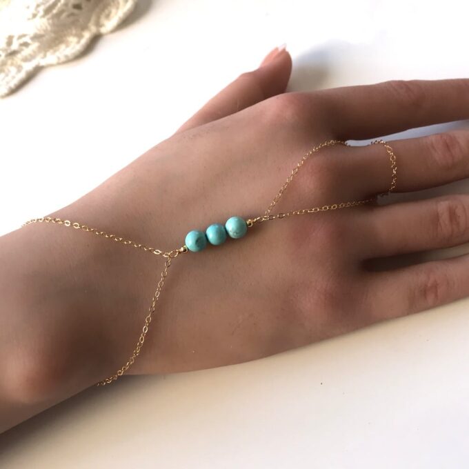 N5037Z Bracelet bague plaqué or – Chaine de main turquoise véritable - Bijoux Bracelets en ligne Ninanina