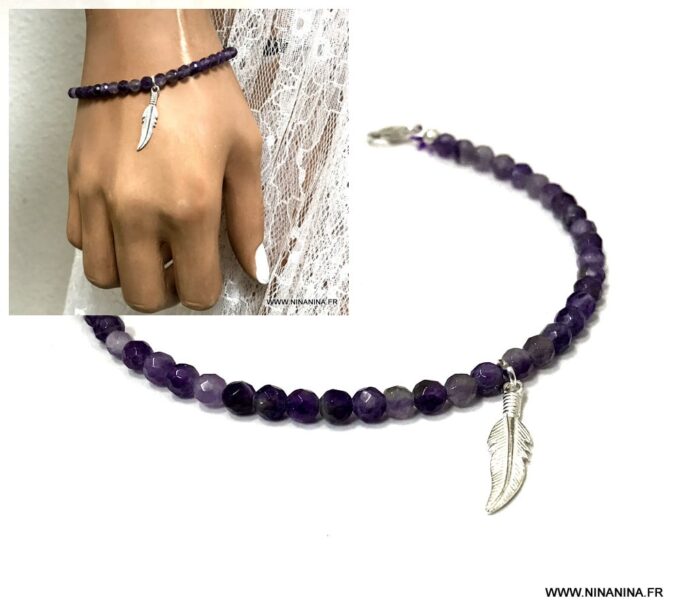 N5051b Bracelet Améthyste véritable femme pendentif plume argent - Bijoux Bracelets en ligne Ninanina