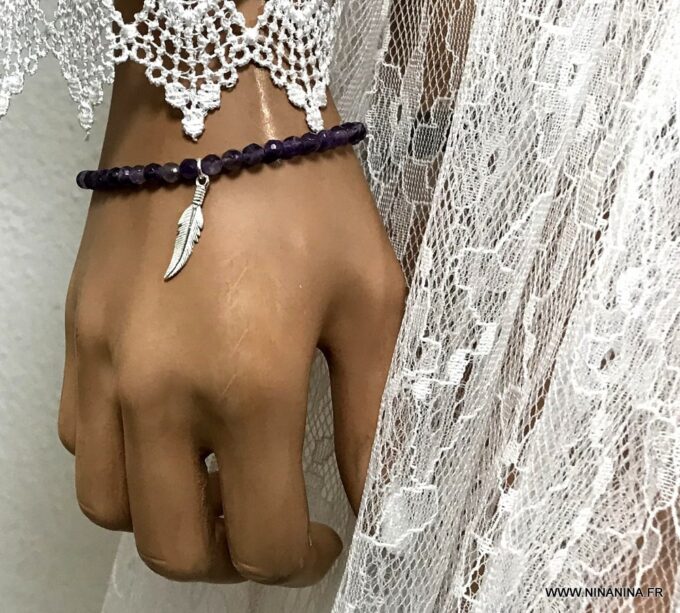 N5051c Bracelet Améthyste véritable femme pendentif plume argent - Bijoux Bracelets en ligne Ninanina