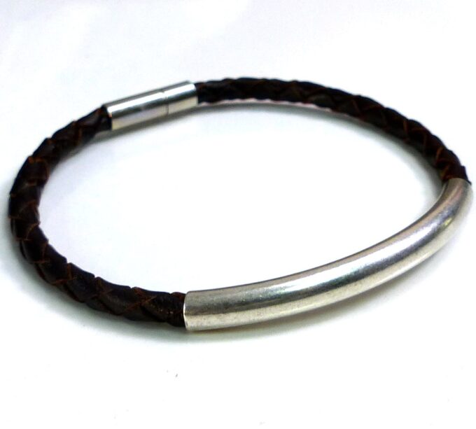 N5060 Bracelet cordon cuir tressé perle tube incurvée ZAMAK