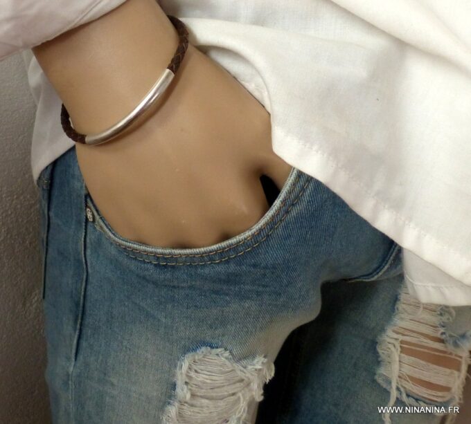 N5060 Bracelet cordon cuir tressé perle tube zamak - Bijoux Bracelets en ligne Ninanina