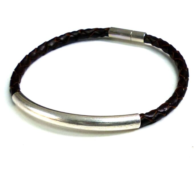 N5060a Bracelet cordon cuir tressé perle tube incurvée ZAMAK
