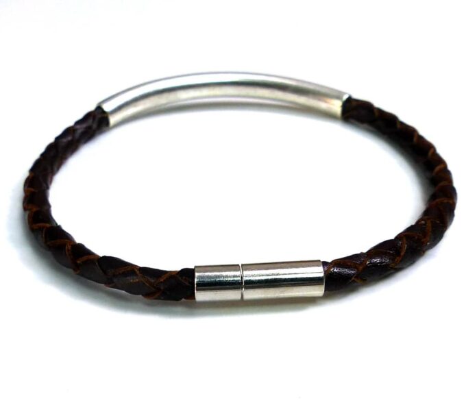 N5060b Bracelet cordon cuir tressé perle tube incurvée ZAMAK