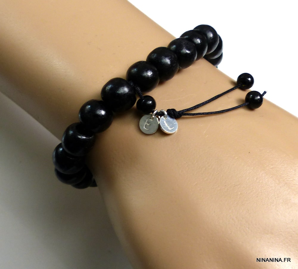 Bracelet homme personnalisable, perles de bois noir, bracelet