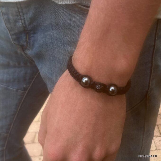 N5082a Bracelet shamballa homme perles noires hematite - Bijoux Bracelets en ligne Ninanina