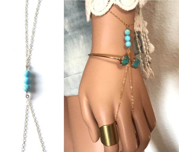 N5087 Bracelet bague plaqué or - Chaine de main turquoise véritable - Bijoux Bracelets en ligne Ninanina