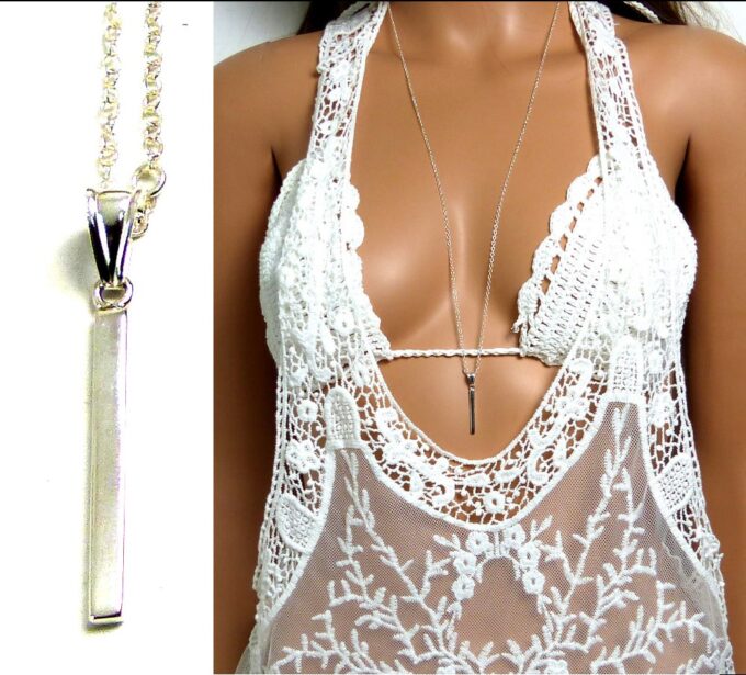N5087 Collier long sautoir barre argent massif