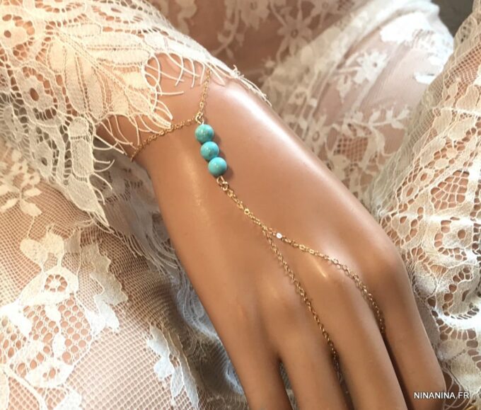 N5087a Bracelet bague plaqué or - Chaine de main turquoise véritable - Bijoux Bracelets en ligne Ninanina