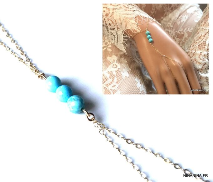 N5087b Bracelet bague plaqué or - Chaine de main turquoise véritable - Bijoux Bracelets en ligne Ninanina