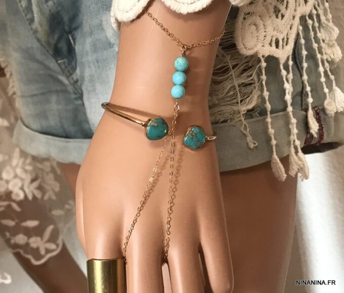 N5087c Bracelet bague plaqué or - Chaine de main turquoise véritable - Bijoux Bracelets en ligne Ninanina