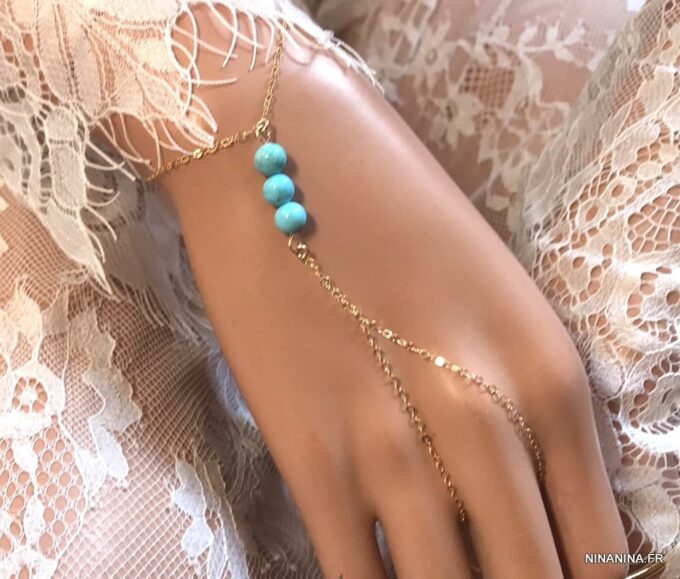 N5087d Bracelet bague plaqué or - Chaine de main turquoise véritable - Bijoux Bracelets en ligne Ninanina