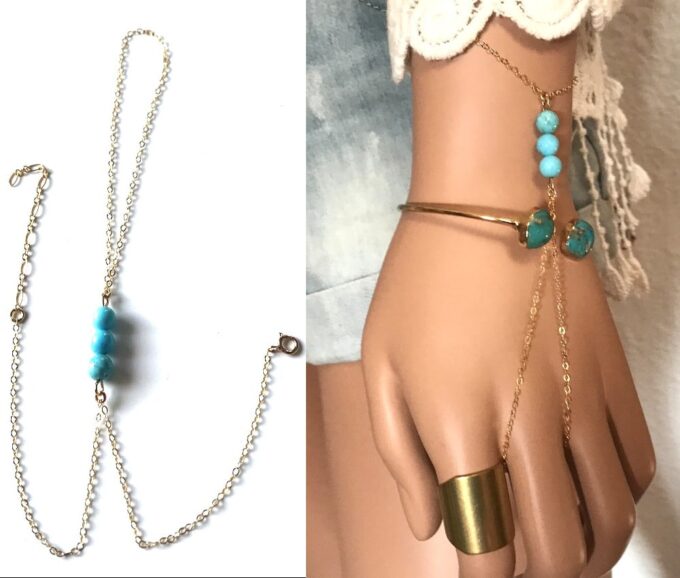 N5087f Bracelet bague plaqué or - Chaine de main turquoise véritable - Bijoux Bracelets en ligne Ninanina