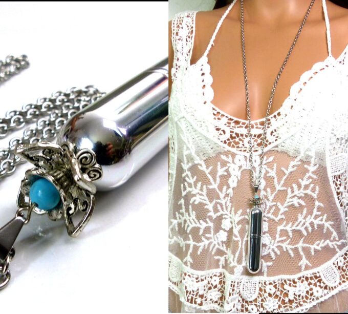 N5090 Collier long vaporisateur de parfum argent et turquoise