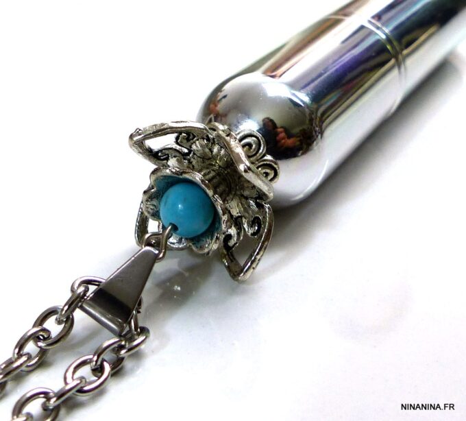 N5090a Collier long vaporisateur de parfum argent et turquoise