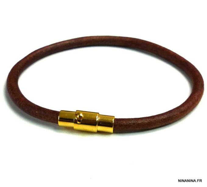 N5095 Bracelet cuir fermoir aimanté acier inoxydable doré