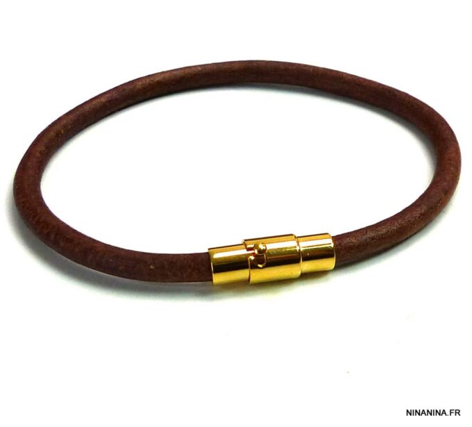 N5095a Bracelet cuir fermoir aimanté acier inoxydable doré