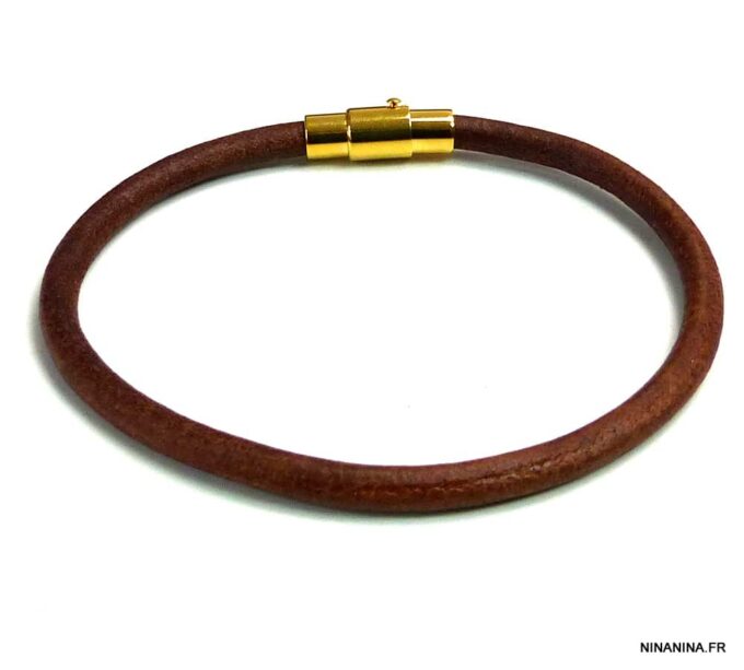 N5095b Bracelet cuir fermoir aimanté acier inoxydable doré
