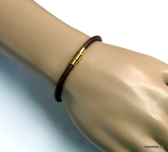 N5095f Bracelet cuir fermoir aimanté acier inoxydable doré