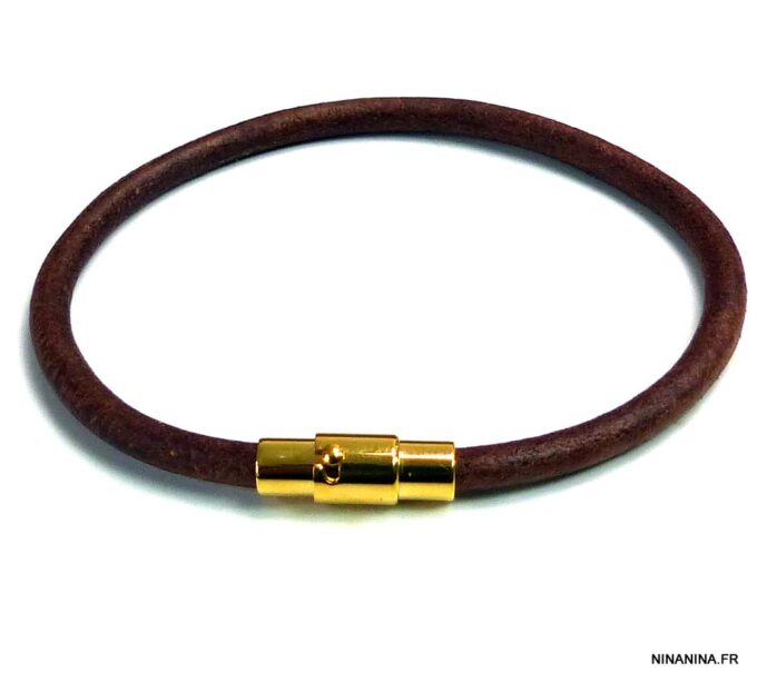 N5095g Bracelet cuir fermoir aimanté acier inoxydable doré