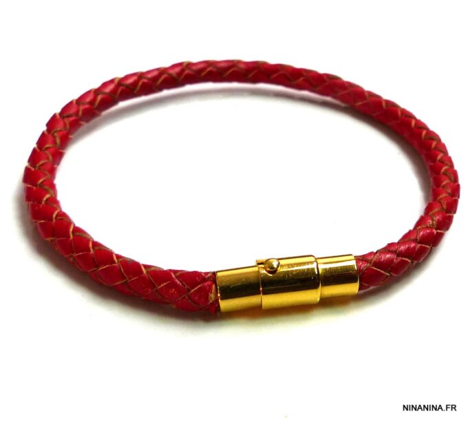 N5096 Bracelet cuir tressé rouge fermoir acier doré