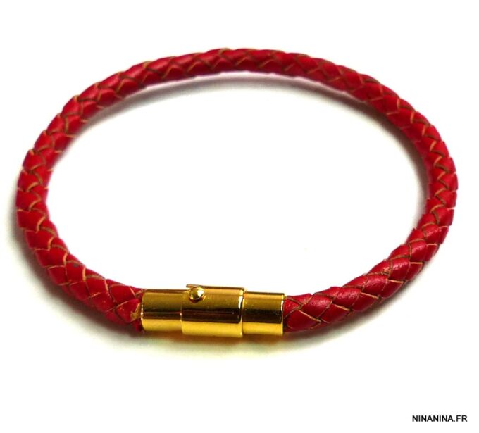 N5096a Bracelet cuir tressé rouge fermoir acier doré