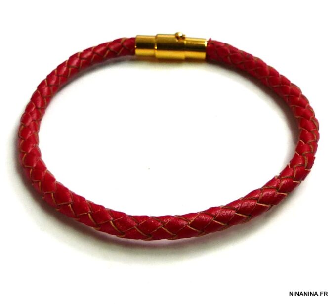 N5096b Bracelet cuir tressé rouge fermoir acier doré