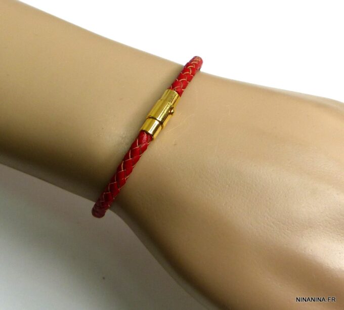 N5096d Bracelet cuir tressé rouge fermoir acier doré