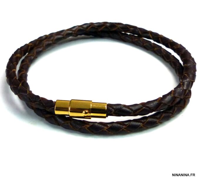 N5098 Bracelet cuir tressé fermoir aimanté acier inoxydable doré
