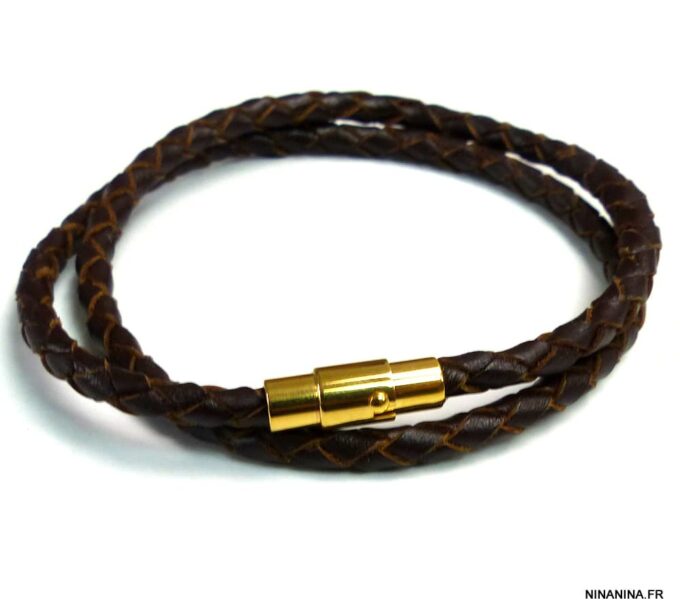 N5098a Bracelet cuir tressé fermoir aimanté acier inoxydable doré