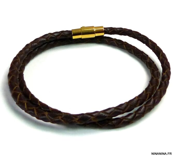 N5098b Bracelet cuir tressé fermoir aimanté acier inoxydable doré