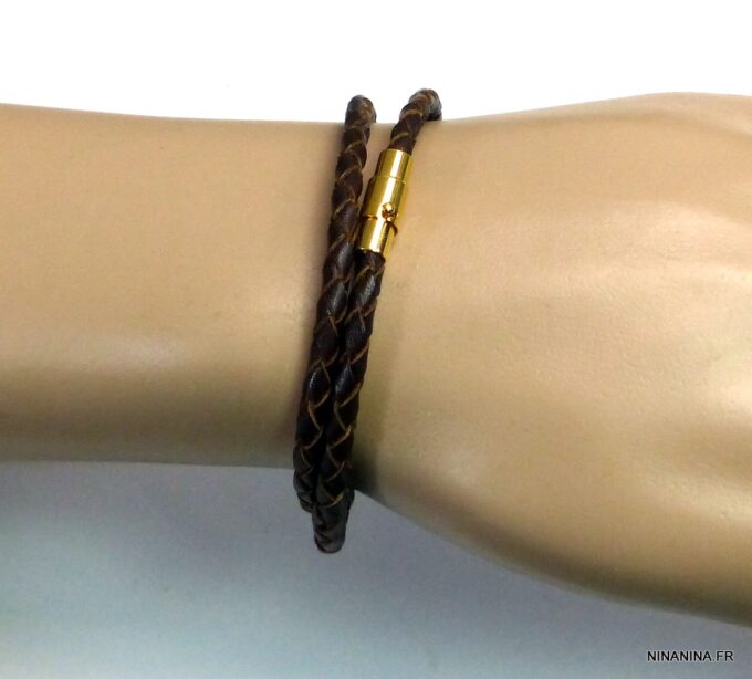 N5098e Bracelet cuir tressé fermoir aimanté acier inoxydable doré