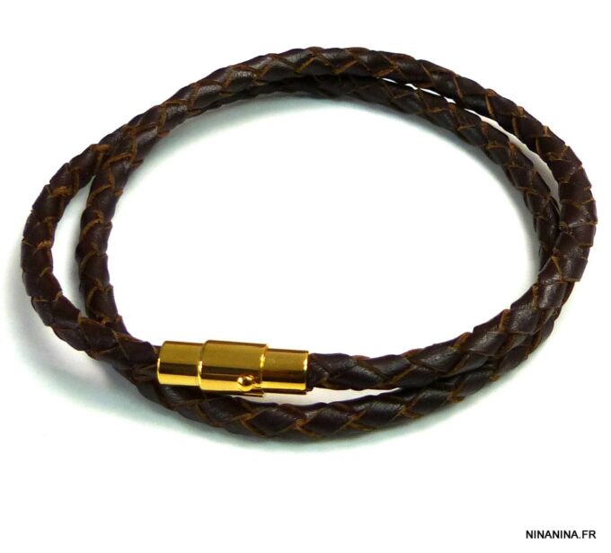 N5098g Bracelet cuir tressé fermoir aimanté acier inoxydable doré
