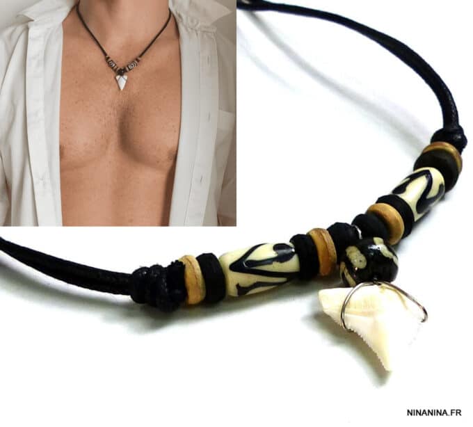 N5105 Collier cordon ethnique pendentif dent de requin perles bois - Bijoux Colliers hommes en ligne Ninanina