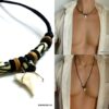 N5105b Collier cordon ethnique pendentif dent de requin perles bois - Bijoux Colliers hommes en ligne Ninanina