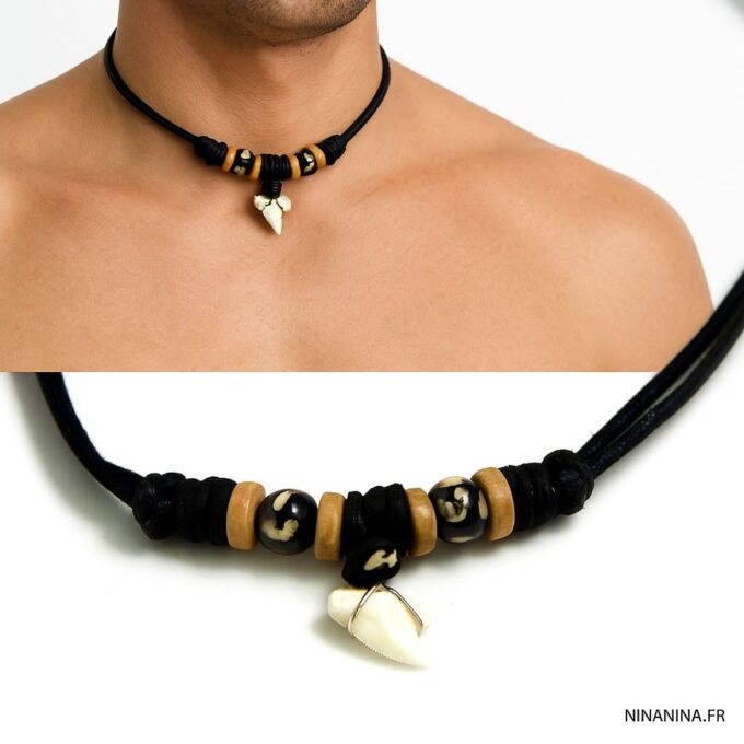 N5107a Collier tribal homme cordon pendentif dent de requin véritable et perles bois - Bijoux Colliers cordons en ligne Ninanina
