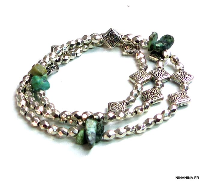 N5124a Bracelet WRAP argenté et turquoises véritables