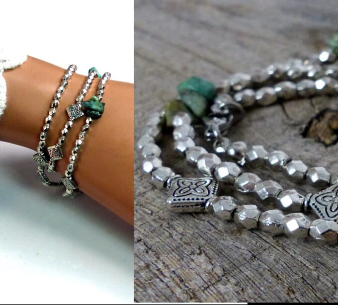 N5124bis Bracelet WRAP argenté et turquoises véritables