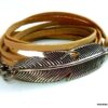 N5129 Bracelet wrap cuir naturel plume argentée