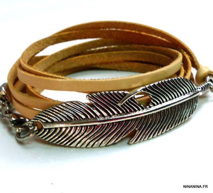 N5129 Bracelet wrap cuir naturel plume argentée