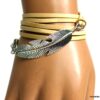 N5129a Bracelet wrap cuir naturel plume argentée