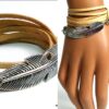N5129b Bracelet wrap cuir naturel plume argentée