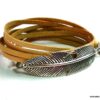 N5129bb Bracelet wrap cuir naturel plume argentée