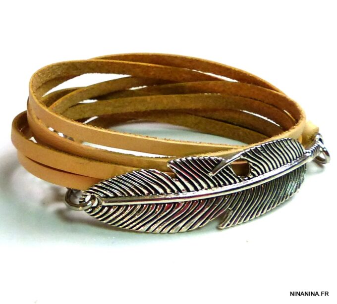 N5129bb Bracelet wrap cuir naturel plume argentée