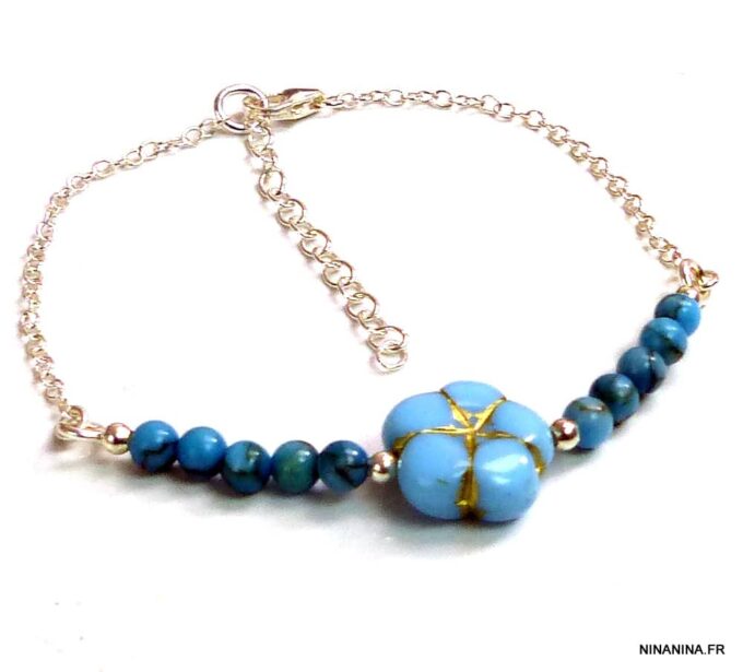 N5130a Bracelet perles de bohème turquoise argent massif