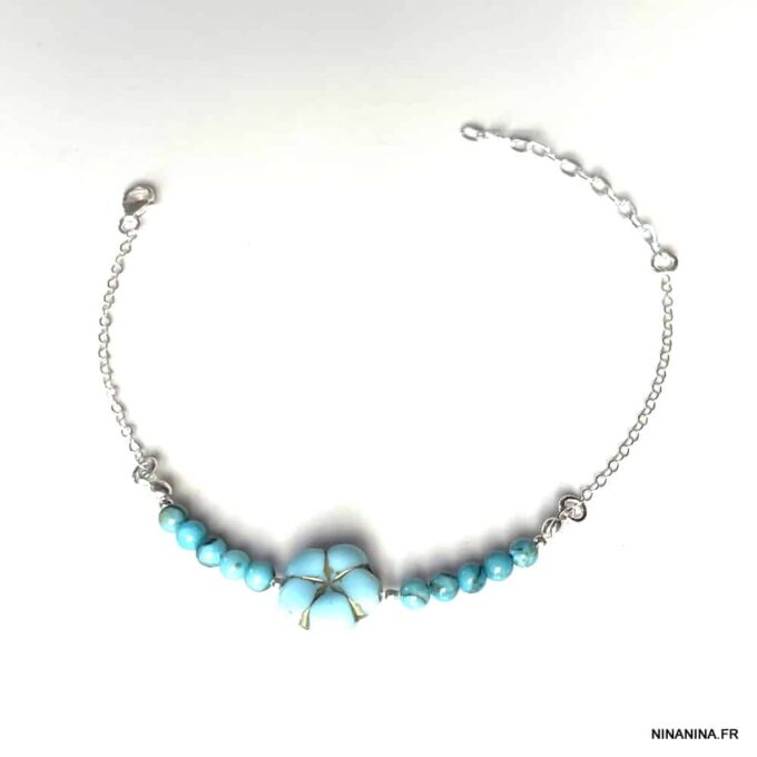 N5130b Bracelet fleur bleu perle de bohème bleue Argent 925 - Bijoux Bracelets en ligne Ninanina