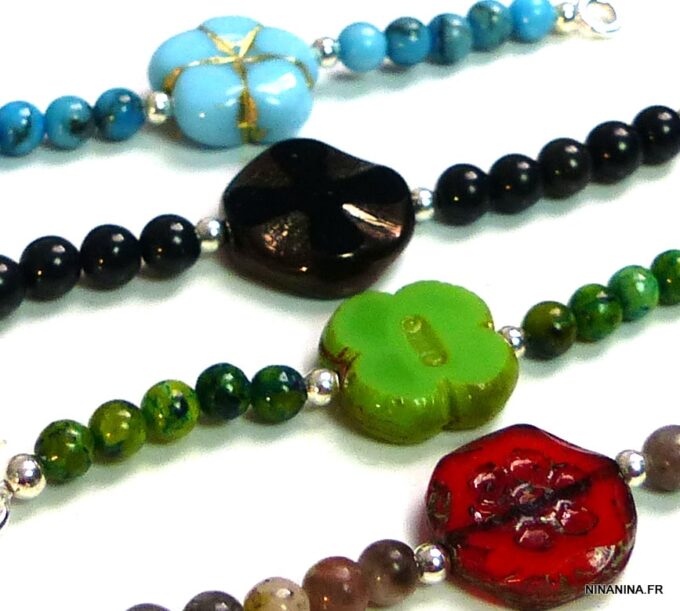 N5130b Bracelet perles de bohême turquoise argent massif