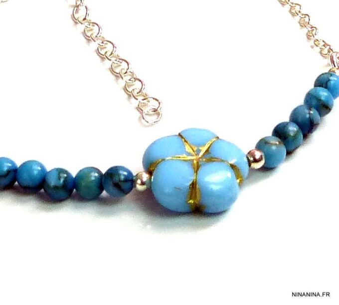 N5130b Bracelet perles de bohème turquoise argent massif